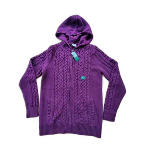 L.L. Bean Women's M Cable Knit Full Zip Cardigan 100% Cotton Purple NWT - Picture 1 of 5